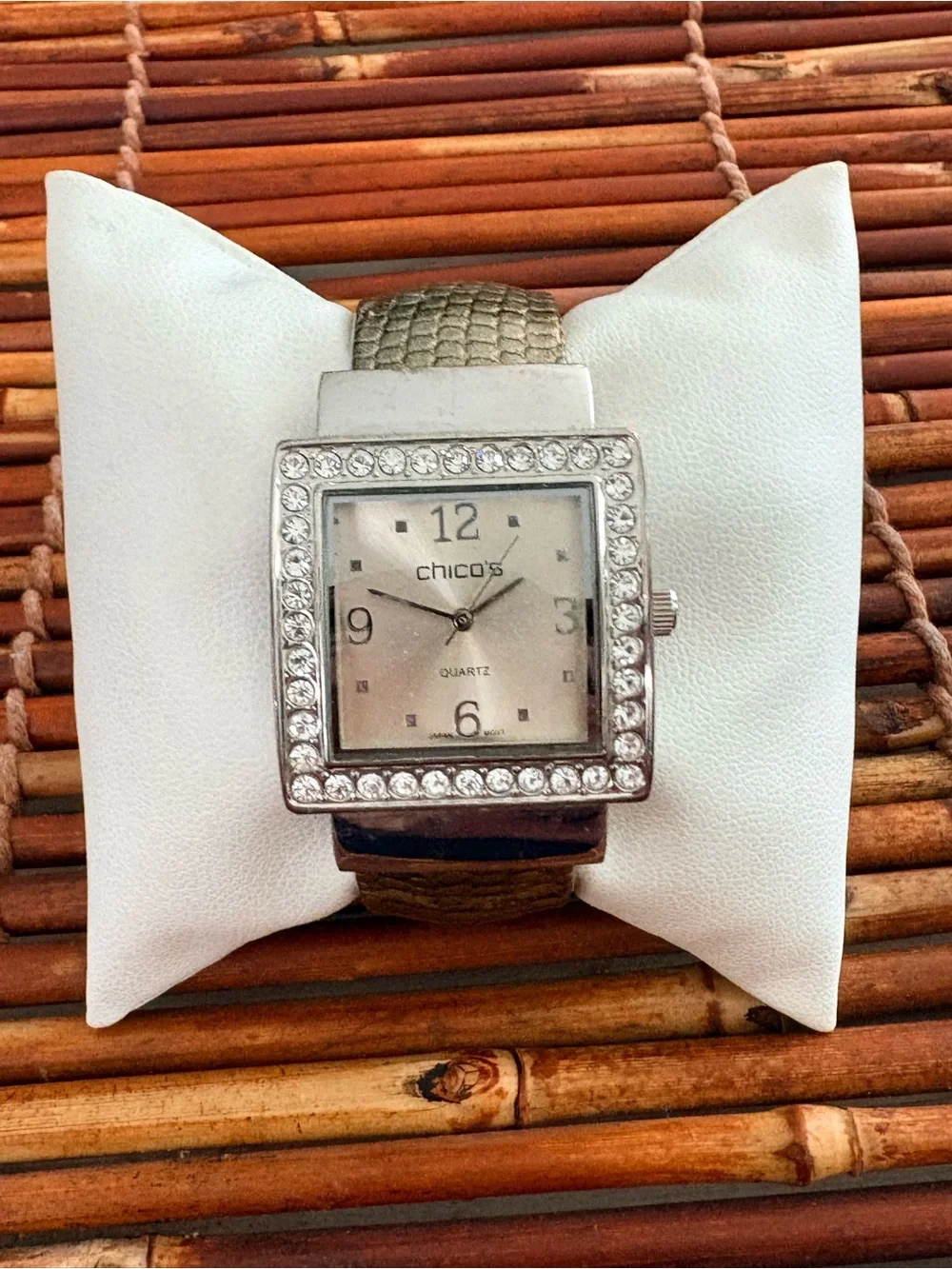 Chico's Silver Crystal Square Face Watch with Taupe Cuff Strap Needs Battery